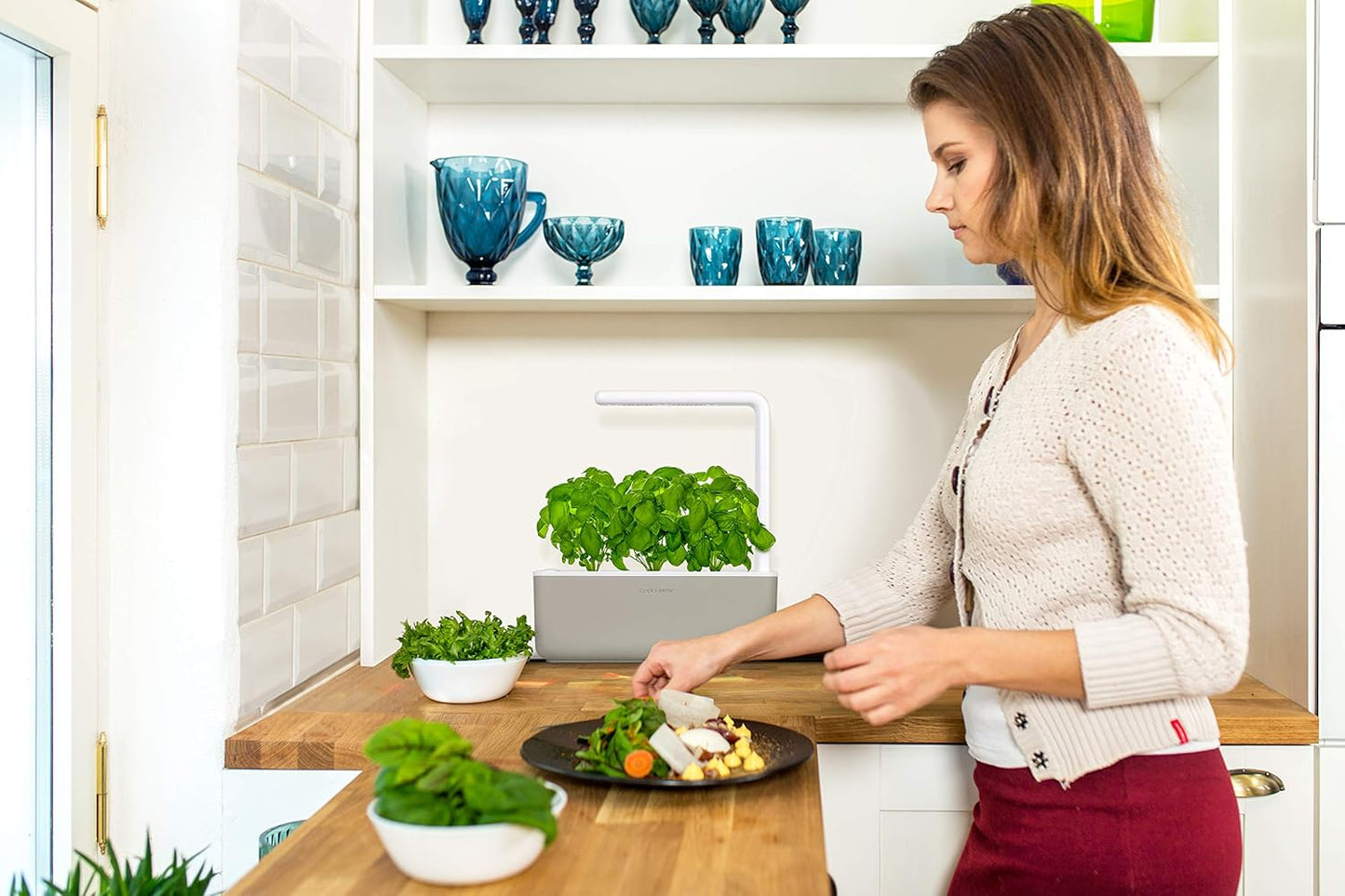 Click & Grow Indoor Herb Garden Kit with Grow Light | Smart Garden for Home Kitchen Windowsill | Easier than Hydroponics Growing System | Vegetable Gardening Starter (3 Basil Pods Included), Beige