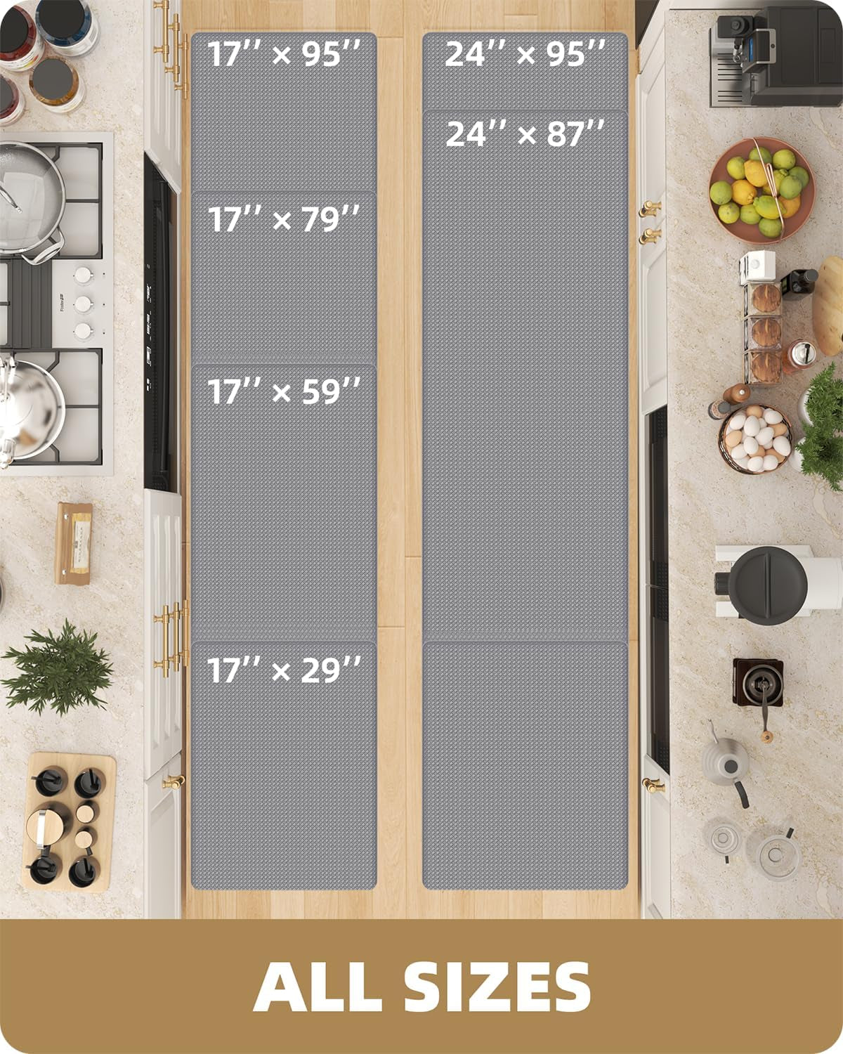 Color G Kitchen Rugs, Kitchen Rug Set 2 Piece Kitchen Runner Rug Kitchen Floor Mat, Cushioned anti Fatigue Kitchen Mat Non Skid Waterproof Comfort Standing Kitchen Rug, 17"X29"+17"X59", Grey