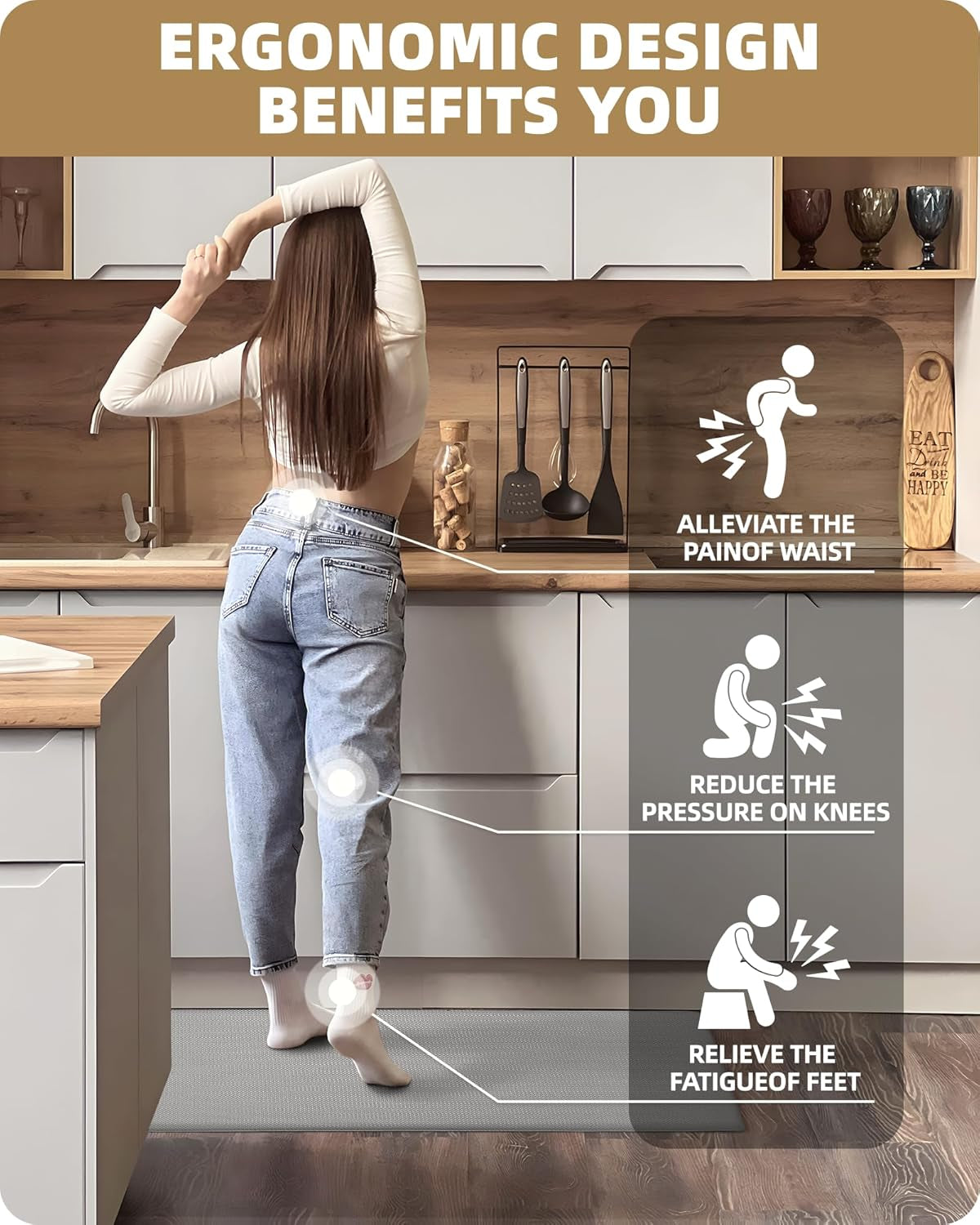 Color G Kitchen Rugs, Kitchen Rug Set 2 Piece Kitchen Runner Rug Kitchen Floor Mat, Cushioned anti Fatigue Kitchen Mat Non Skid Waterproof Comfort Standing Kitchen Rug, 17"X29"+17"X59", Grey