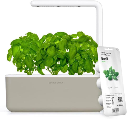 Click & Grow Indoor Herb Garden Kit with Grow Light | Smart Garden for Home Kitchen Windowsill | Easier than Hydroponics Growing System | Vegetable Gardening Starter (3 Basil Pods Included), Beige